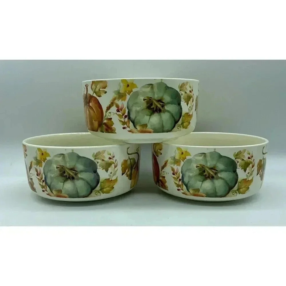Botanical Pumpkins Stoneware Bowl 6”W x 3”H Lot Of 3 ** Factory‎ Blemished**